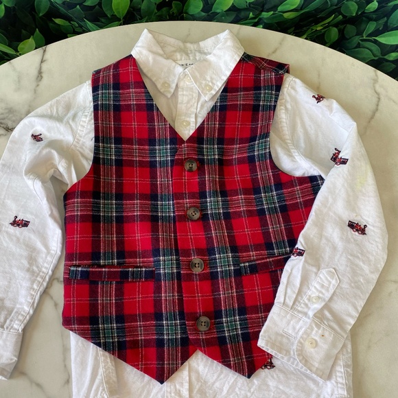 Janie and Jack Red Plaid Button Down Shirt with Vest - Picture 6 of 9